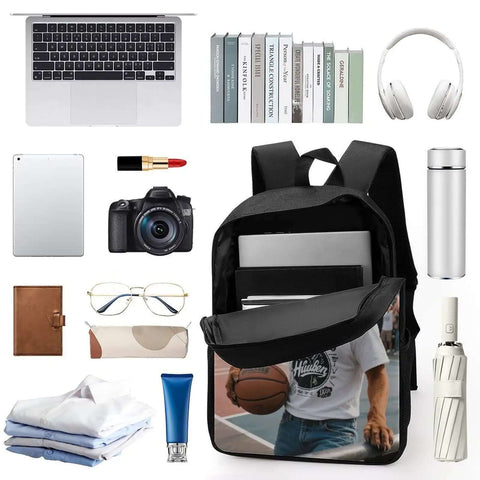 Cool Dog With Sunglasses Backpack For Men And Women Durable 600D Polyester Bookbag Lightweight 17 Inch Laptop Daypack Big Capacity Minimalist Casual Work And Travel Bag Everyday Carry Ready, open with laptop and daily items inside.