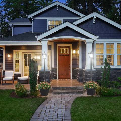 Elegant house with two 64 Inch Outdoor Solar Lamp Post With Planter 60 Lumen Waterproof Garden Path Driveway Light For Yard Front Back Door