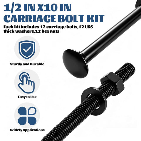 Heavy Duty Black Carriage Bolt Kit One Half Inch By Ten Inch Galvanized Bolts Set With 20 Pieces For Wood Decks Fencing And Construction Projects Beefy Tough Hardware For Outdoor DIY Home Improvement And Furniture Building, 1/2 in x 10 in bolt with washer and nut