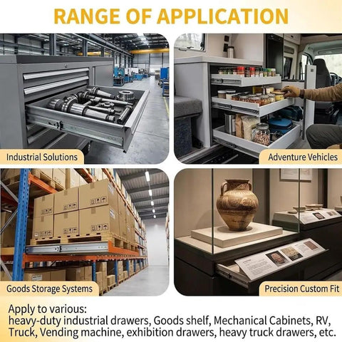 Heavy Duty Drawer Slides With Lock 500lb Full Extension Fleet Grade Locking Lever For Commercial Vans And Utility Vehicles Keeps Heavy Tool Drawers Secure Through Sharp Turns And Sudden Stops. application examples in industrial drawer, van, warehouse, and display cabinet