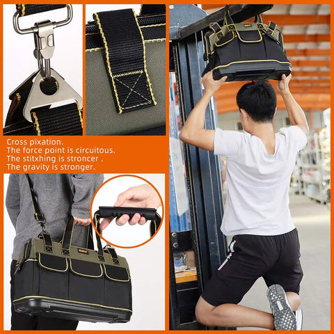 Person lifting 15 Inch Wide Mouth Tool Bag With Waterproof Molded Base, showing close-up of stitching and strap attachment detail.
