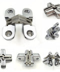 Hidden Cross Hinge For Furniture 180 Degree Concealed Stainless Steel Two Pack With Screws for folding doors in silver.