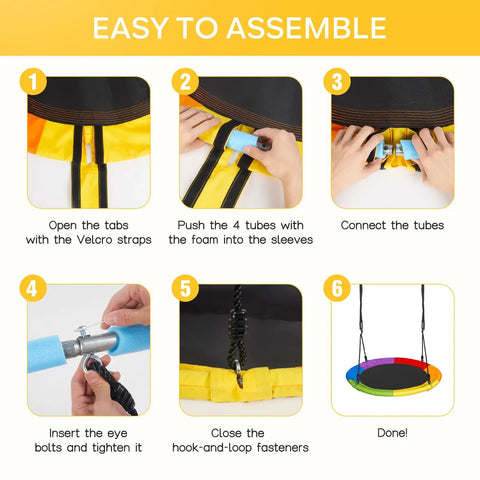Step-by-step assembly guide for 40 Inch Saucer Swing For Kids And Adults, Heavy Duty 700 Lbs Capacity, 900D Oxford Fabric Swing.