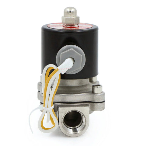 Electric solenoid valve, 1/2 in, stainless steel body, normally closed, with black coil housing and yellow/white wires