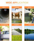 Solar Water Pump 300W DC 12V 2 Inch Submersible Deep Well Kit For Farm Or Ranch applications including wells, livestock, garden irrigation, car cleaning, and ponds.