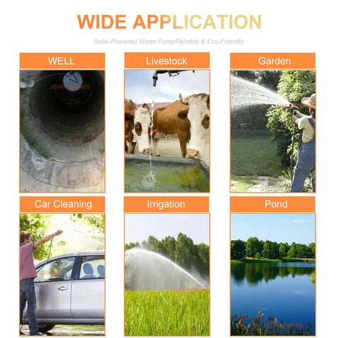 Solar Water Pump 300W DC 12V 2 Inch Submersible Deep Well Kit For Farm Or Ranch applications including wells, livestock, garden irrigation, car cleaning, and ponds.