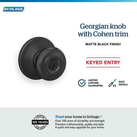 Georgian Door Knob With Cohen Trim Keyed Entry Lock Matte Black Self Aligning Screw Holes For Easy Installation Classic Style