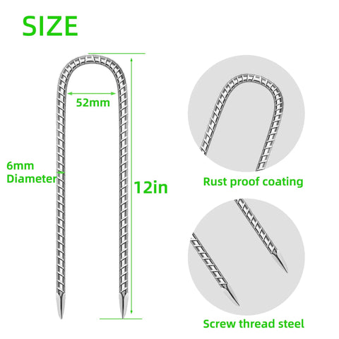 11 Pack 12 Inch Beefy Galvanized Steel Rebar Stakes U Shaped Ground Anchors Heavy Duty Anti Rust For Tents Fences Trampolines Landscaping And Outdoor Fabric shown with dimensions and details.