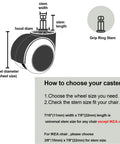 Diagram showing measurements for Roll Smooth Two Inch Office Chair Wheels Replacement For Ikea Chairs With 10 Mm Stem And 7/8 Inch Length.