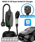 Heavy Duty Level 2 Ev Charger With 24 Amp Adjustable Output For Electric Vehicles includes NEMA 14-30 plug and 25FT cable.