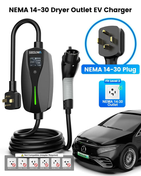 Heavy Duty Level 2 Ev Charger With 24 Amp Adjustable Output For Electric Vehicles includes NEMA 14-30 plug and 25FT cable.