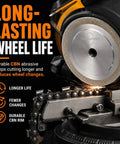 Pro Grade CBN Chainsaw Grinding Wheel 5 3/4 Inch Diameter mounted on grinder sharpening chain, durable CBN rim for heavy duty use.