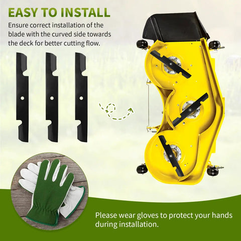 Installation guide for high lift replacement blades for 36 and 52 inch decks that fit Scag Tiger Cub Wildcat Turf Tiger lawn mowers.