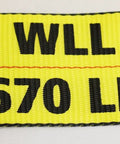 Close-up of yellow Ten Pack 4 Inch Winch Straps 30 Foot with 'WLL 6670 LBS' text, indicating strength for flatbed trucks and utility trailers.