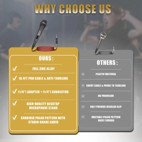 Dynamic Handheld Microphone For Singing And Karaoke With Sixteen Foot XLR To Quarter Inch Cable, comparison chart image.