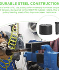 Two Pack Steel Pneumatic Belt Sander Bearing For Astro 3037 Air Belt Sander One Half Inch By Eighteen Inch Replacement Parts Pulley Roller Wheel Assembly Built Tough showing installed roller on sander with product close-up inset.