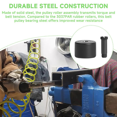 Two Pack Steel Pneumatic Belt Sander Bearing For Astro 3037 Air Belt Sander One Half Inch By Eighteen Inch Replacement Parts Pulley Roller Wheel Assembly Built Tough showing installed roller on sander with product close-up inset.