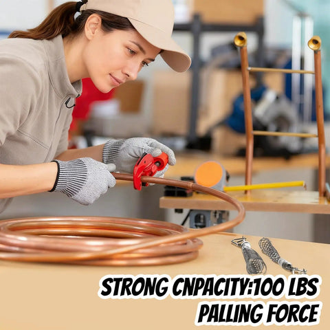 Top Shelf Wire Pulling Grips Set Includes Two Galvanized Steel Cable Puller Socks For Effortless Light Or Heavy Wire Fishing Rustproof Construction With Rock Solid Jaw Design To Lock Cables Down On Every Job Site Pull with a woman using cable puller.