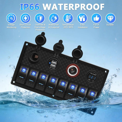 8 Gang Marine Rocker Switch Panel with waterproof boat switches in water, showing LED voltmeter, USB 3.1A charger, lighter socket