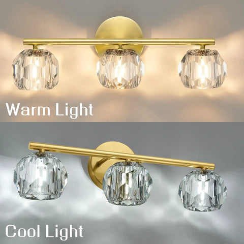Three Light Gold Brass Vanity Light Fixture With Clear K9 Crystal Glass For Bathroom Over Mirror Modern Wall Sconce 120V G4 Base Lit Glow That Elevates Your Space And Keeps It Bright