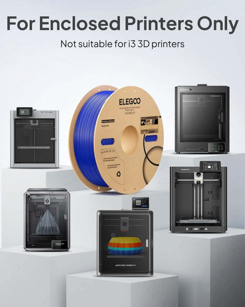 Spool of blue filament suitable for enclosed 3D printers, with various printer models in the background.