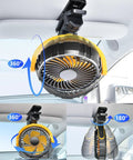 Battery Powered Clip On Car Fan For Visor And Back Seat, Portable USB Rechargeable, 360 Degree Rotation in yellow on car visor.