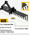 50 Inch Landscape Rake For Category Zero Tractors With Three Point Hitch And Five Position Angle Adjustment, Steel Powder Coated Black