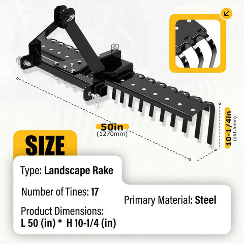 50 Inch Landscape Rake For Category Zero Tractors With Three Point Hitch And Five Position Angle Adjustment, Steel Powder Coated Black