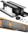 2 Pack Under Desk Cable Management Tray Black Large 16x5x6 Inch Alloy Steel Cord Hider with installed trays and accessories visible