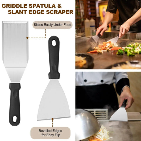 Griddle spatula and slant edge scraper from 14 Piece Griddle Accessories Kit For Flat Top Grills A Complete Outdoor BBQ Set