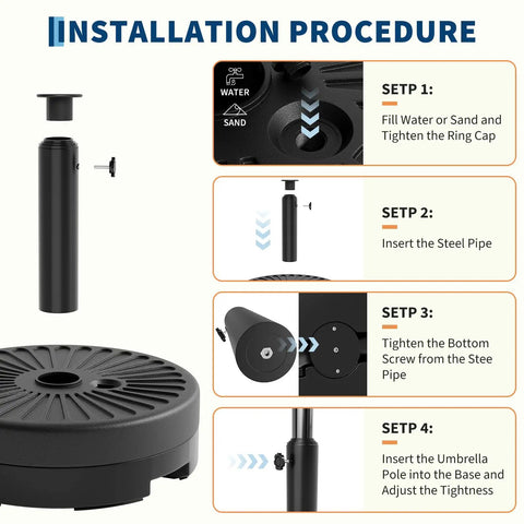 Installation steps for Heavy Duty 80Lb Patio Umbrella Base with adjustable pole adapter, steel pipe insertion and tightening instructions.