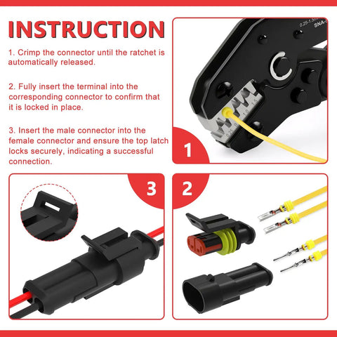 Instruction steps for Weatherpack Connector Kit 993Pcs with Crimp Tool for Automotive Wiring 68 Sets 1 through 6 Pin Waterproof Connectors
