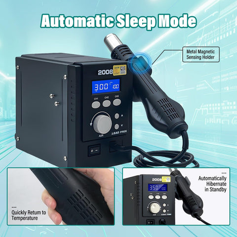 Soldering Station 700W With Brushless Fan And Adjustable Airflow For SMD Soldering Desoldering IC Rework And PCB Repair Ideal For IC Chip Rework And BGA Hot Air Applications with digital display and handpiece