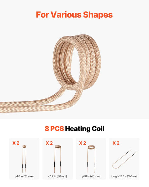 Eight heating coils for Heavy Duty 1100W Induction Heater Handheld Nut Buster various sizes, including φ1.0 in, φ1.2 in, φ1.8 in and 600 mm length.
