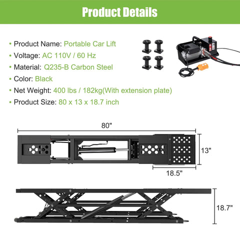 Diagram of Beefy 7000 Lbs Portable Car Lift With 26.8 Inch Max Height Four Column Quick Jack showing dimensions and details