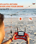 Person using a remote controller for a fishing drone with 4K camera, 4.4 lbs payload, 1.3 km casting range, auto drop, IP67 waterproof features.