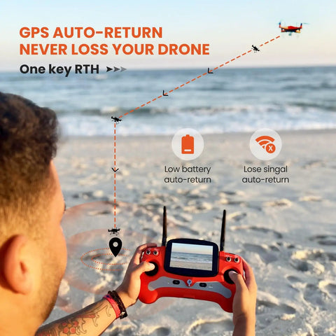 Person using a remote controller for a fishing drone with 4K camera, 4.4 lbs payload, 1.3 km casting range, auto drop, IP67 waterproof features.