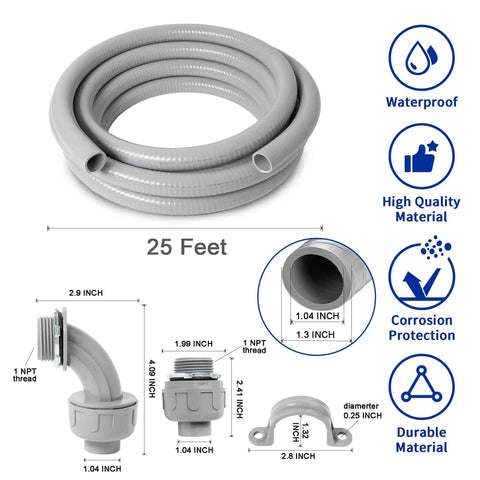 Flexible Liquid Tight PVC Electrical Conduit Kit 1 Inch Diameter, 25 Feet Length, Non Metallic Grey with fittings and dimensions