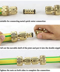 Brass Double Male Hose Connector Set For Garden And Outdoor Use, Quick Fix Hose Repair And Extension, showing connection steps.