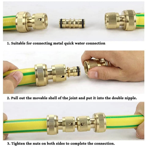 Brass Double Male Hose Connector Set For Garden And Outdoor Use, Quick Fix Hose Repair And Extension, showing connection steps.