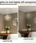 Modern Dandelion Firework Crystal Chandelier Gold Pendant Lighting Fixture for dining room lights on and off comparison.