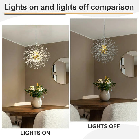 Modern Dandelion Firework Crystal Chandelier Gold Pendant Lighting Fixture for dining room lights on and off comparison.