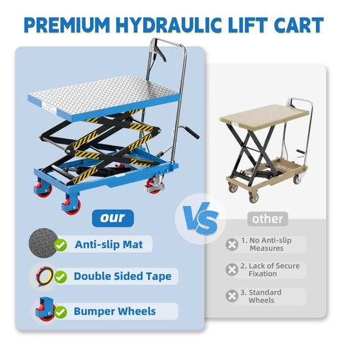 Comparison of double scissor lift carts: Blue lift cart with non-slip pad, four PU wheels versus beige cart with standard wheels.
