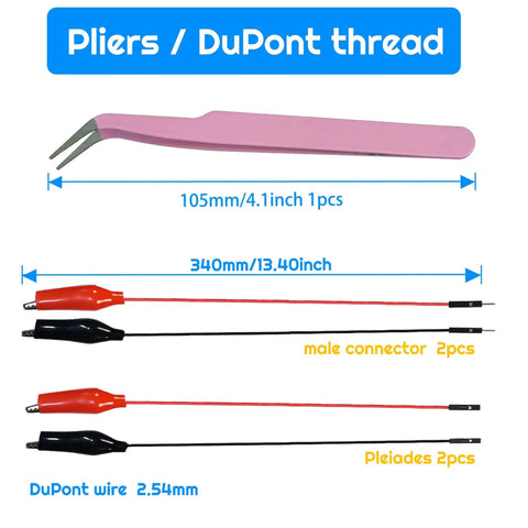 14 Value Solderless Flexible Breadboard Jumper Wire Kit with 105mm tweezers and 340mm DuPont wires for prototyping