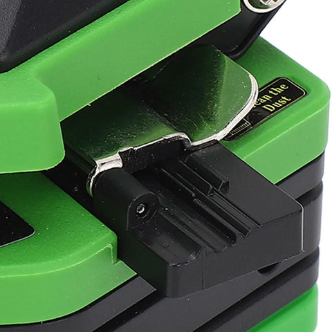 Pro Grade Workhorse Fiber Cleaver With 16 Cleaving Spots And Tungsten Steel Blade For 0.25mm And 0.9mm Fiber Cables, close-up of green cleaver base