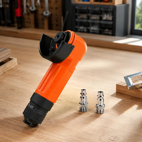 Workhorse Heavy Duty Handheld Angle Grinder Perfect For Wood Metal Cutting Rust Stripping And Quick Trim Work In Tight Corners With No Sweat Handling, orange handheld tool on wooden surface.