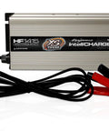 Front view of XS Power HF1415 IntelliCharger, aluminum-cased 14V 15A AGM auto battery charger with clamps
