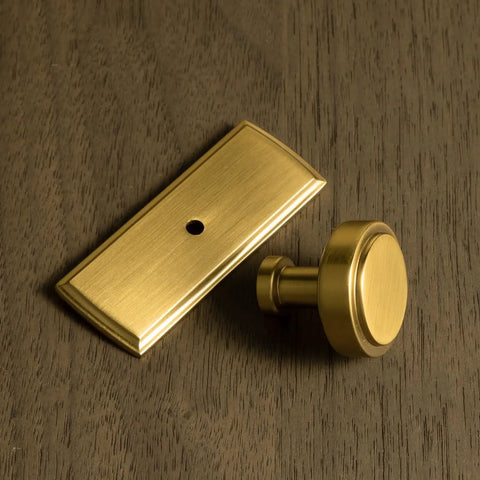 Brushed Gold Cabinet Knobs With Backplates, Zinc Alloy Kitchen Hardware. Single knob and backplate on wooden surface.