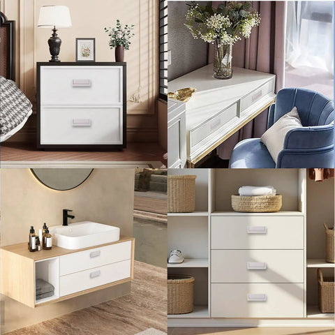 4 Pack Flush Ring Hidden Drawer Pull Handles for Cabinets and Closets in cashmere gray, installed on various furniture