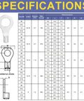 Specification chart for Non Insulated Ring Terminal Kit 50 Pcs For Wire Gauge 12 To 10 AWG Brazed Seam Copper Tinned Terminals